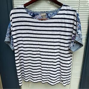 Chicos size 1 medium linen blend striped tunic short sleeve shirt blue white